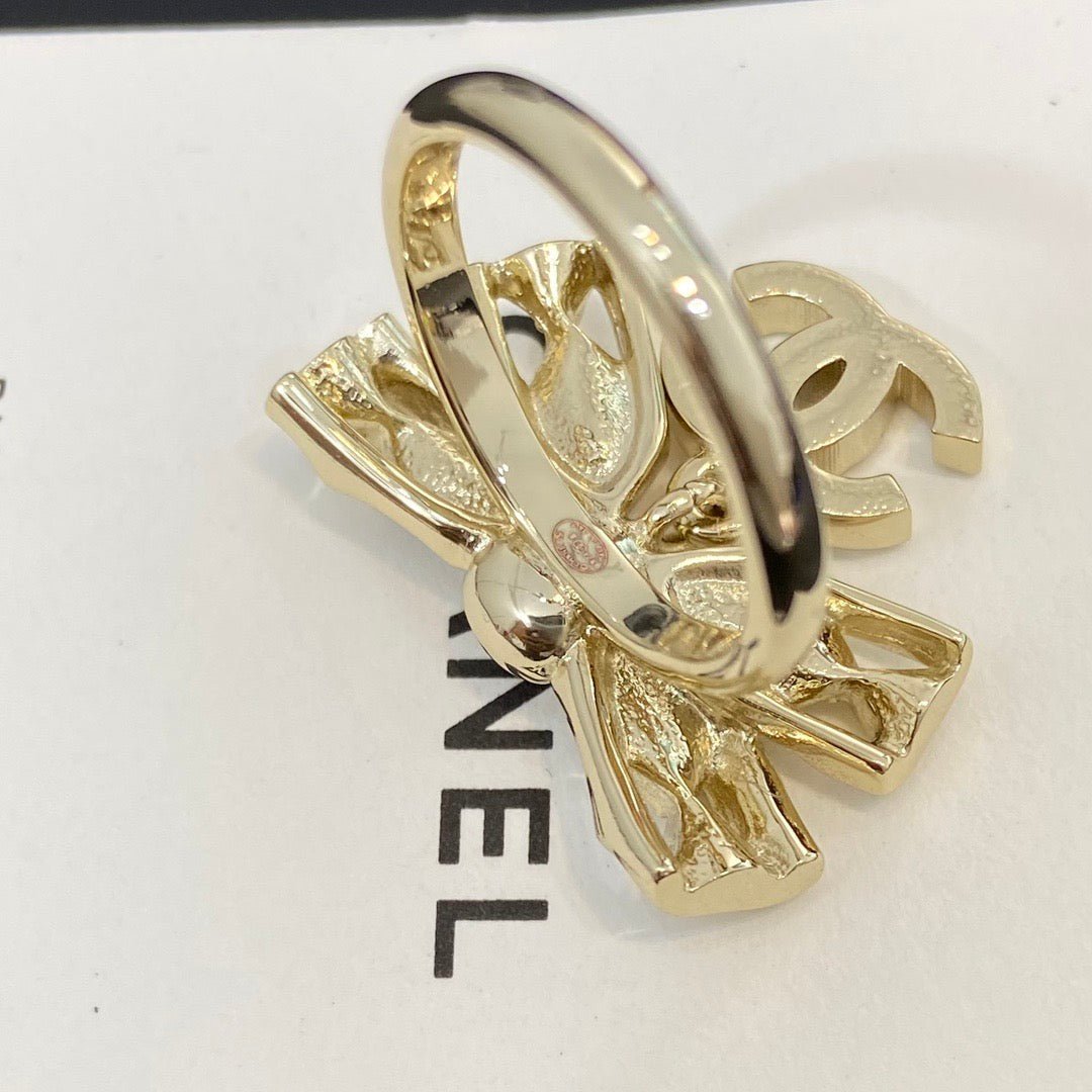 Chanel Gold Hollow Crystal Bow CC Drop Ring - Image 5