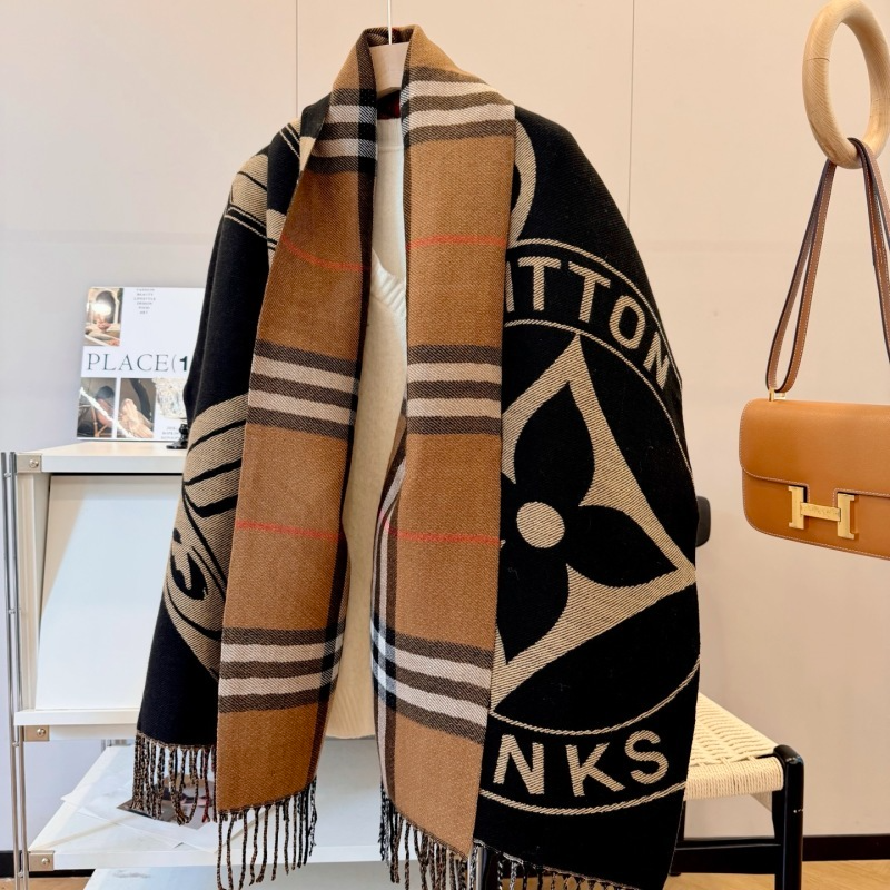 LV Mixed Print Combining Monogram Fringed Shawl