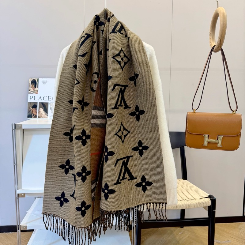 LV Warm Beige Fabric Monogram Fringed Shawl