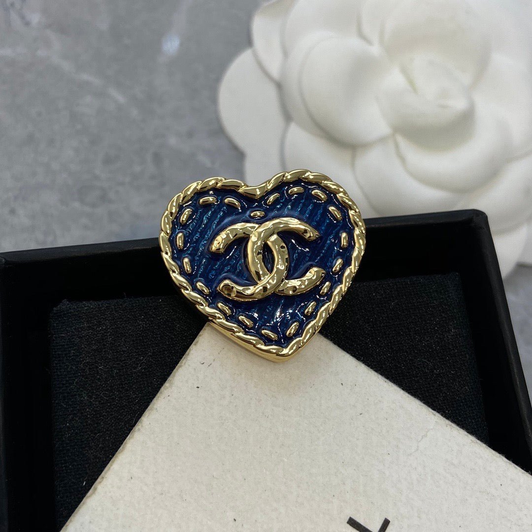 Chanel Gold Blue Enamel Stitched Heart CC Ring