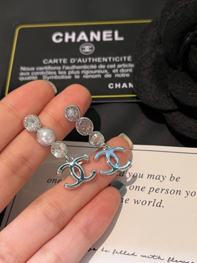 Alternative view of Chanel Crystal Pearl Chain Silver Double C Drop Earrings