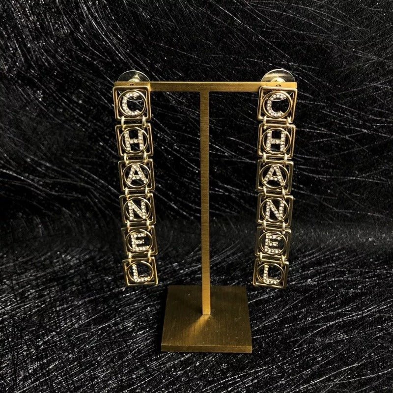 CHANEL Hollow Rectangle Rhinestone Drop Earrings - Image 6