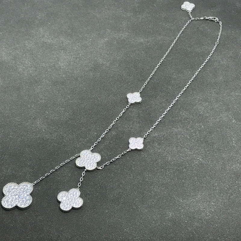 VCA 6 Motifs Full Diamond Clover Silver Necklace - Image 7