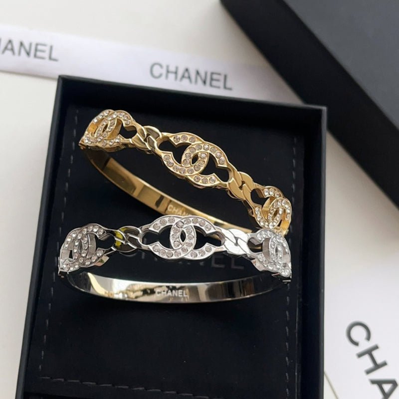 CHANEL Hollow Crystal Linked CC Two-Tone Bangle