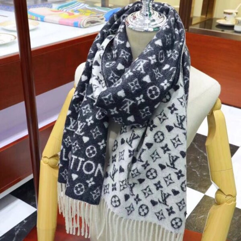 LV Monogram & Heart Print Fringed Reversible Scarf