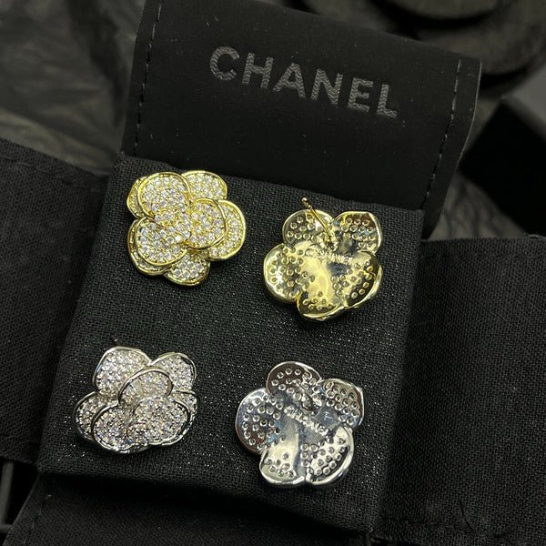 CHANEL Full Rhinestone Camellia Flower Stud Earrings