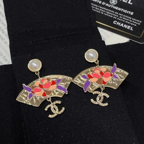 Chanel Floral Fan Enamel Rhinestone Double C Earrings