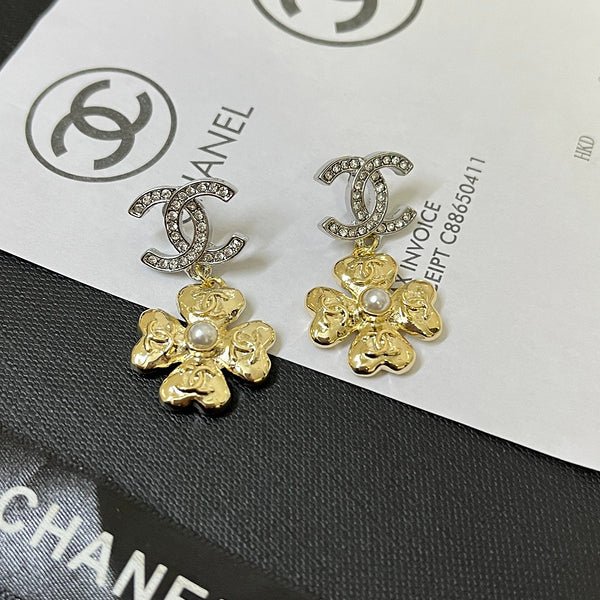 CHANEL Rhinestone CC Clover Pearl Drop Earrings