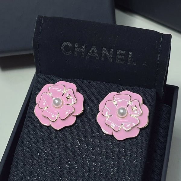 Chanel Pink Enamel Camellia Pearl Stud Earrings
