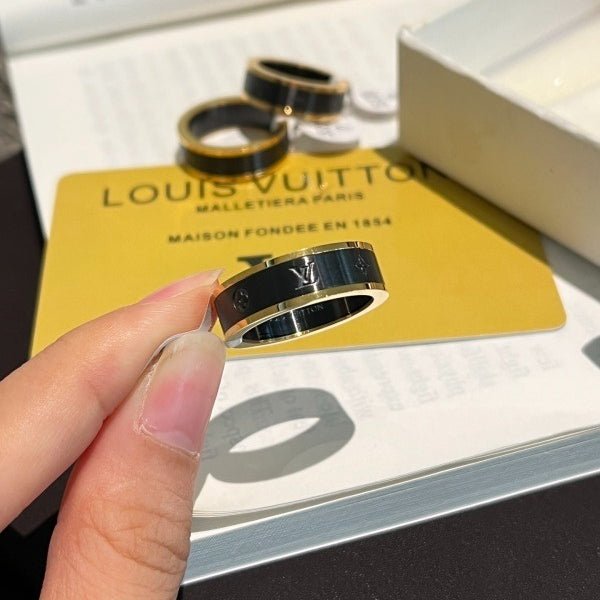 LV Gold Border Black Enamel Embossed LV Wide Ring - Image 7