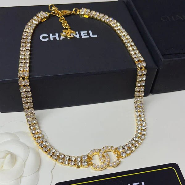 Chanel Gold Double Row Crystal CC Choker Necklace