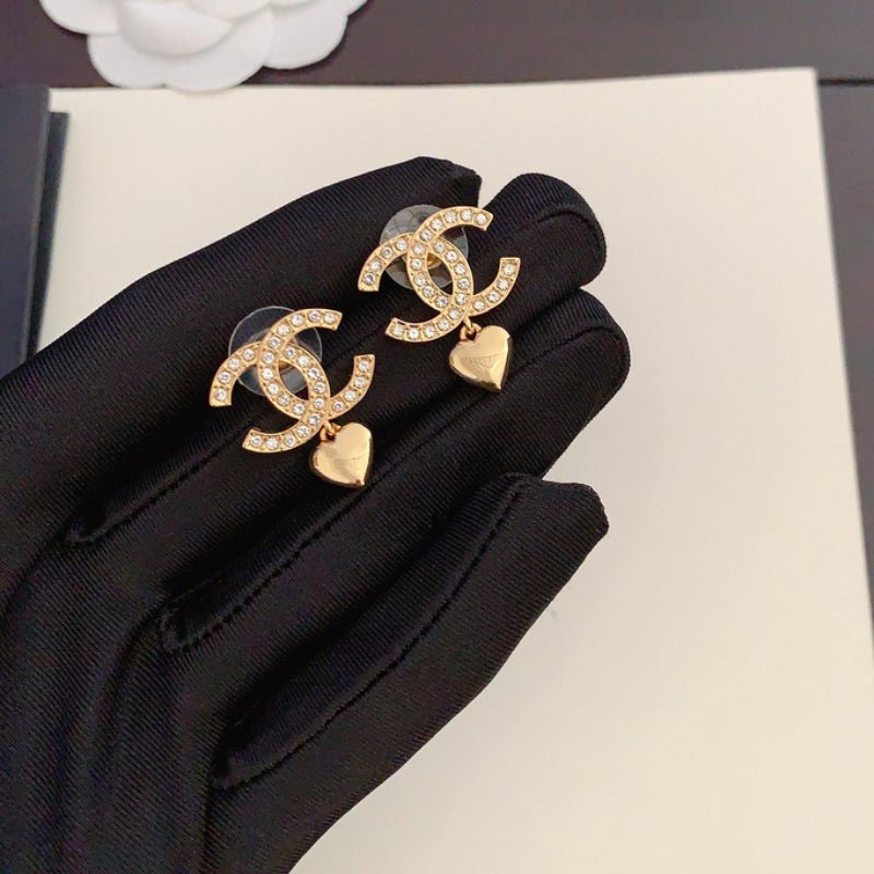Chanel Rhinestone Double C Heart Drop Stud Earrings