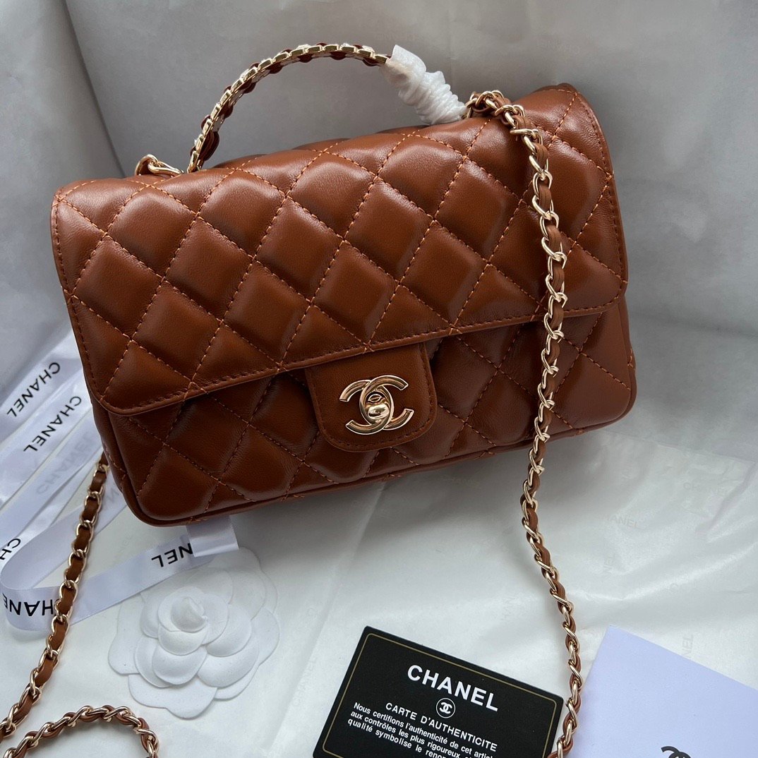 Chanel Classic Flap Lambskin Bag (Brown Handle) - Image 5
