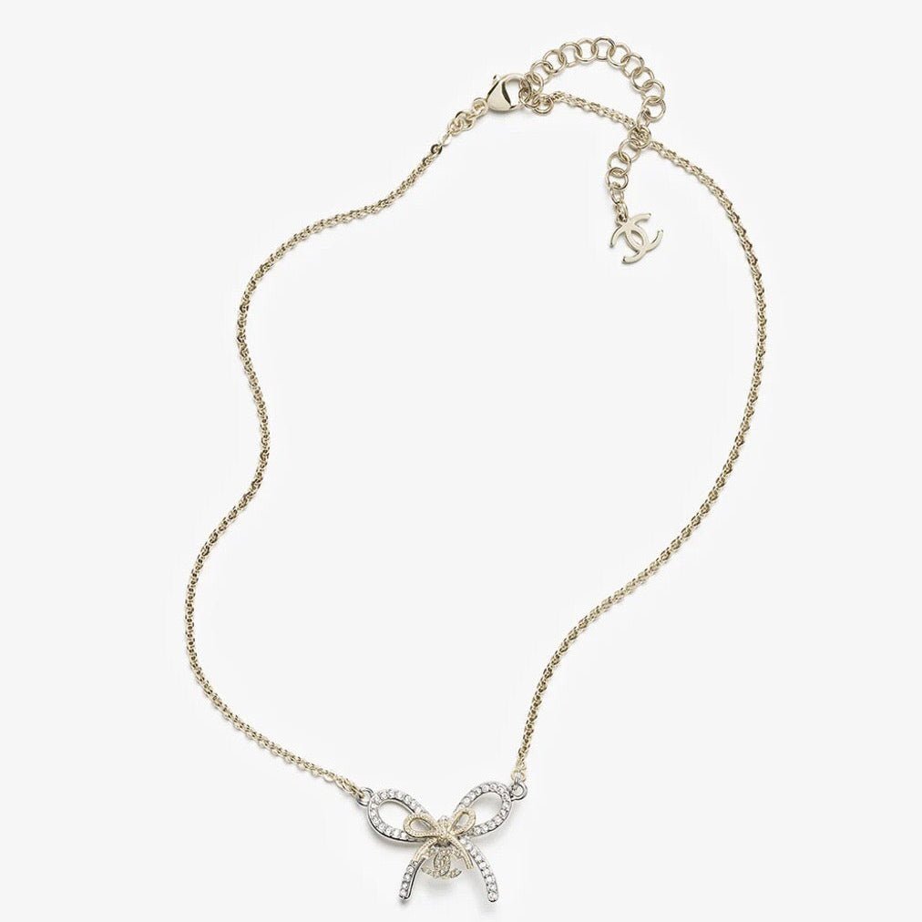 Chanel Gold Crystal Bow Thin Chain Necklace