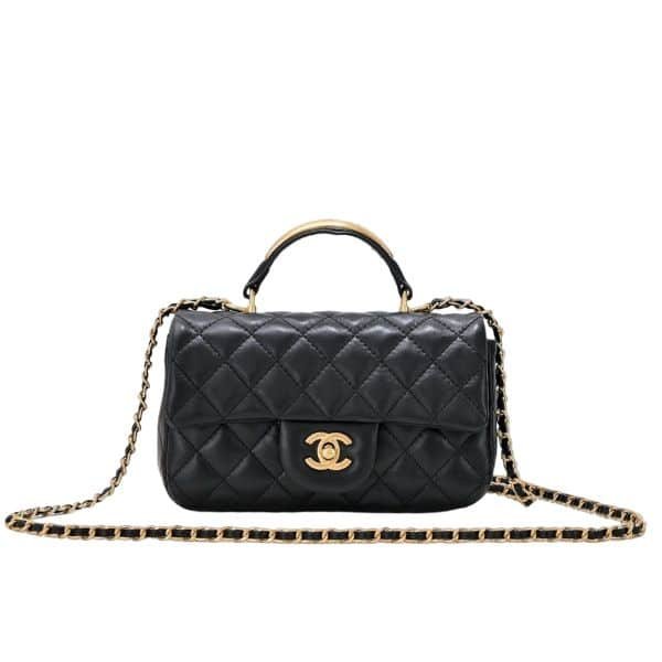 Chanel Mini Flap Bag With Gold Hardware Top Handle Black 21Cm AS2431