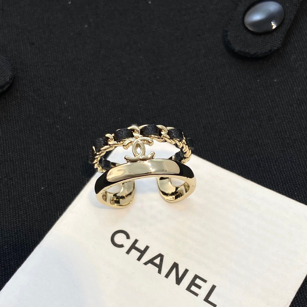 Chanel Gold Leather Weave CC Open Ring