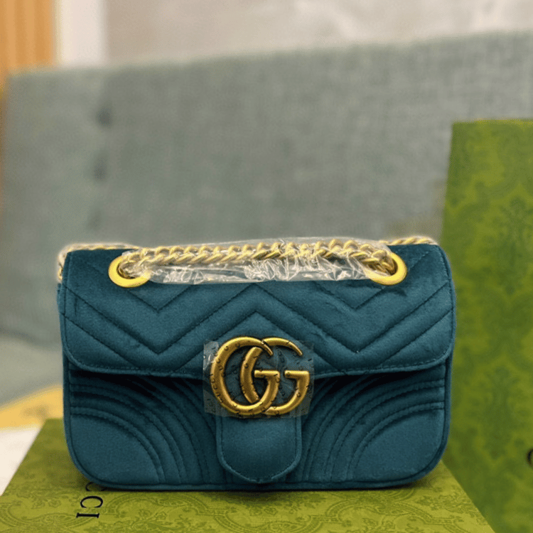 Alternative view of Gucci Gg Marmont Velvet Shoulder Bag Teal Blue 10.2 Inches