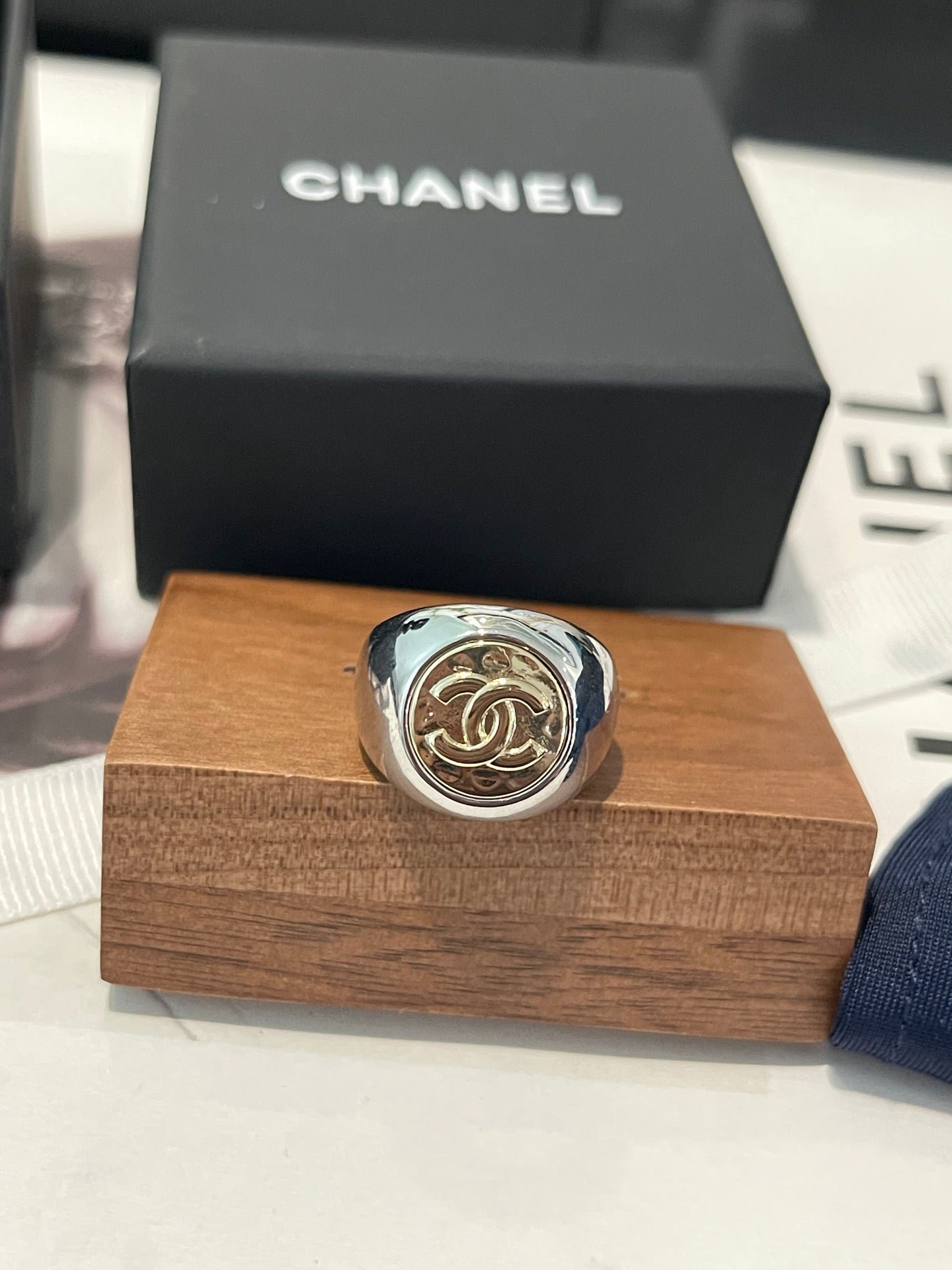 Chanel Silver Vintage Embossed CC Signet Ring