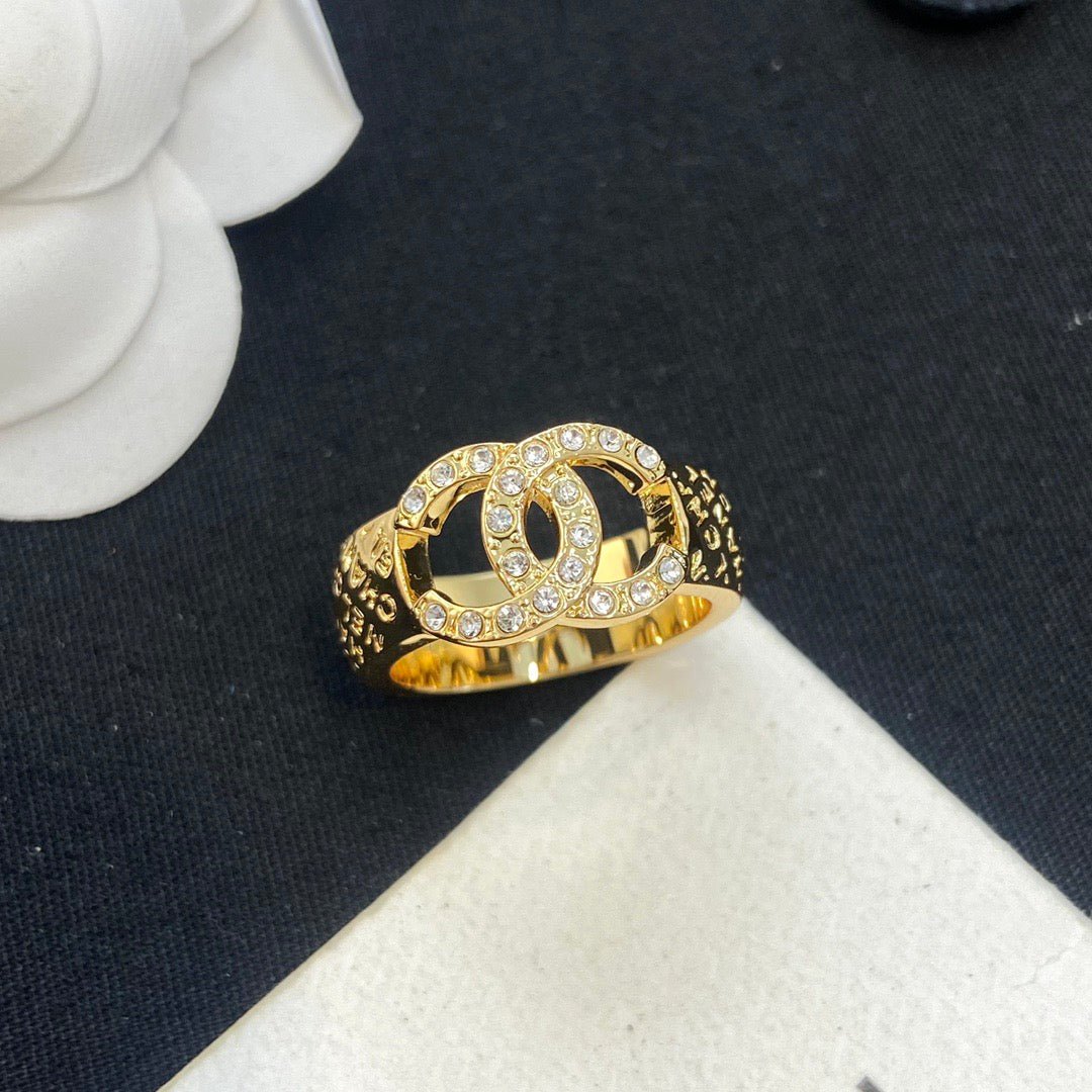 Alternative view of Chanel Gold Hollow Crystal CC Wide Band Ring