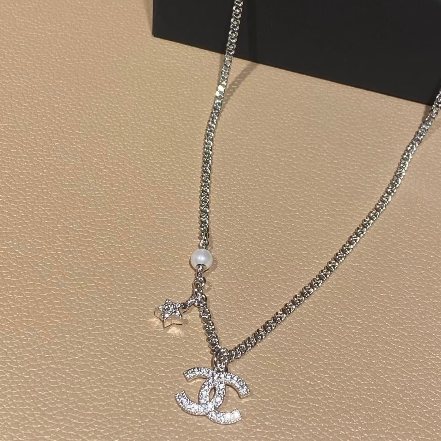 Chanel Silver Crystal CC Pearl Star Necklace