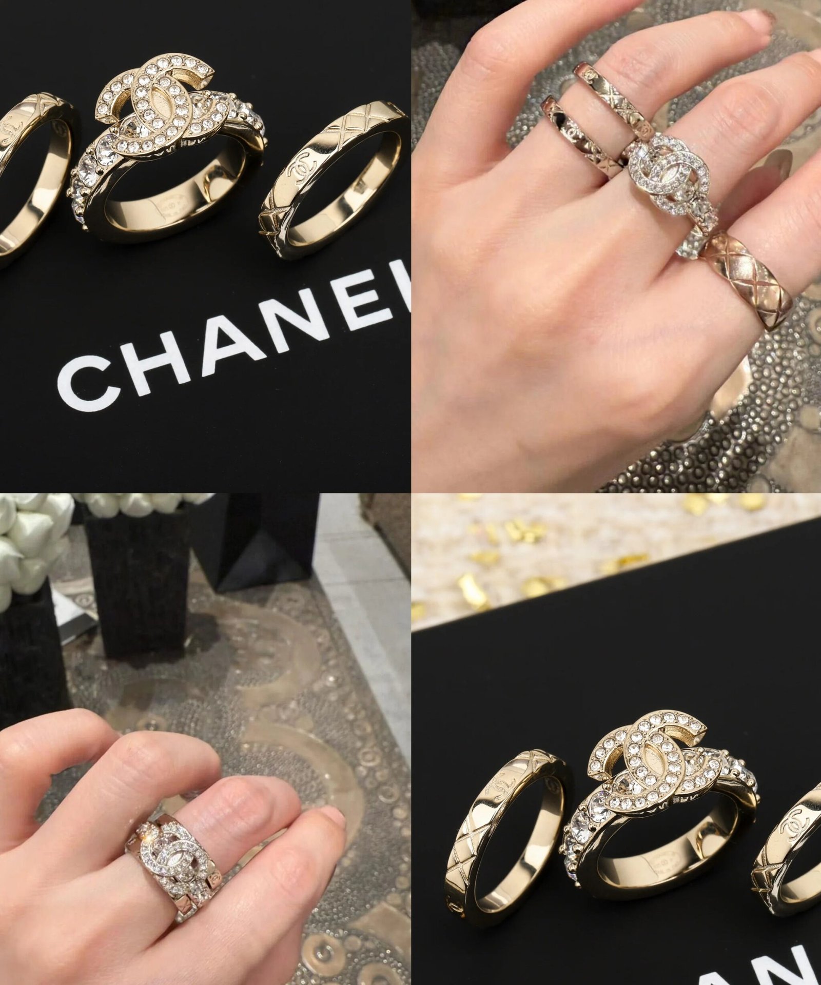 Chanel Gold Crystal CC Three-Piece Stack Ring Set