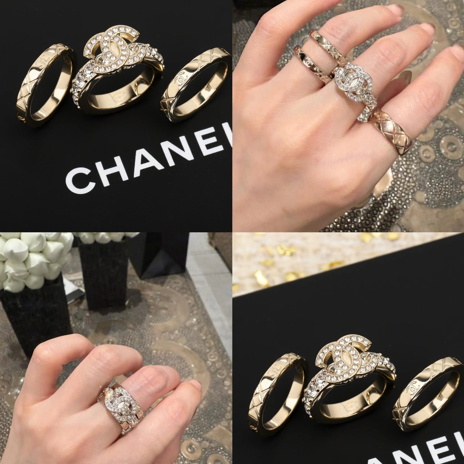 Chanel Gold Crystal CC Three-Piece Stack Ring Set