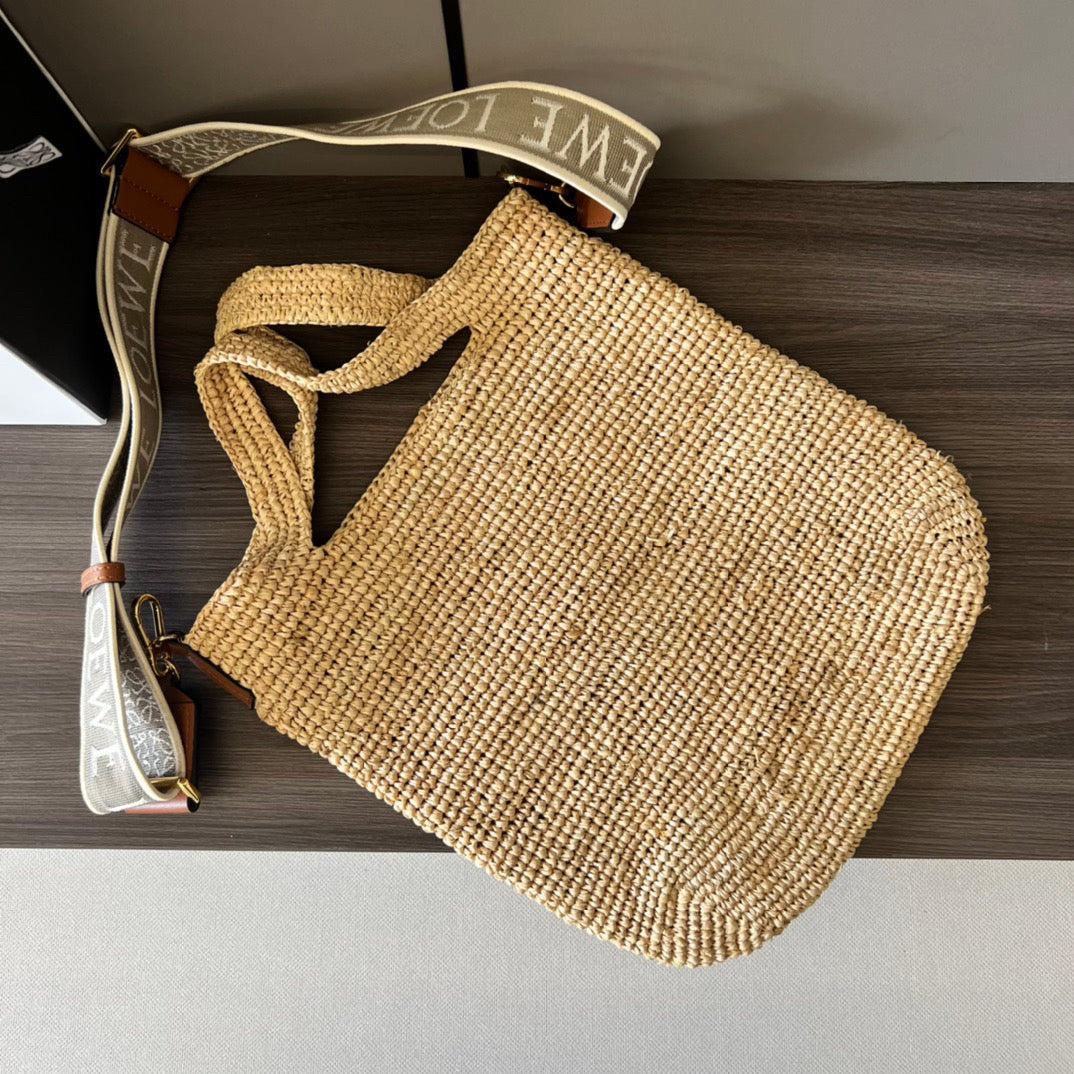 Alternative view of Mini Slit Tote 30cm Beige Raffia Tan Calfskin