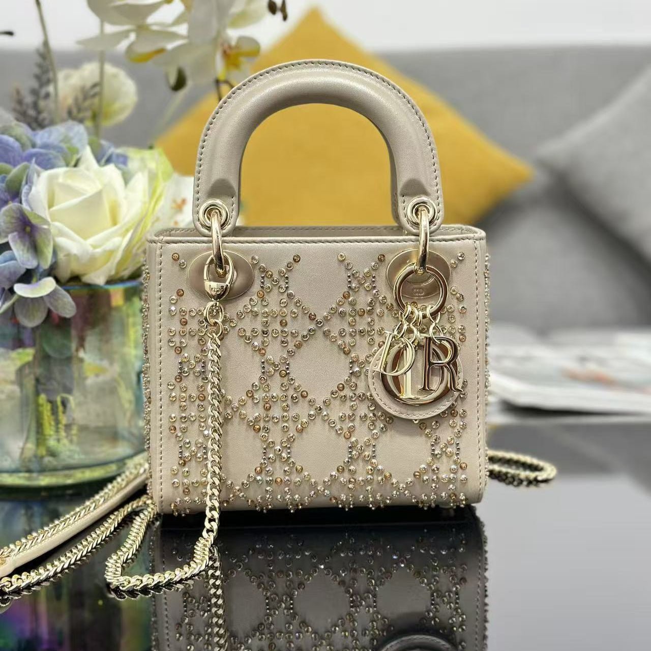Dior Lady Series Beige Lambskin Crystal-Embellished