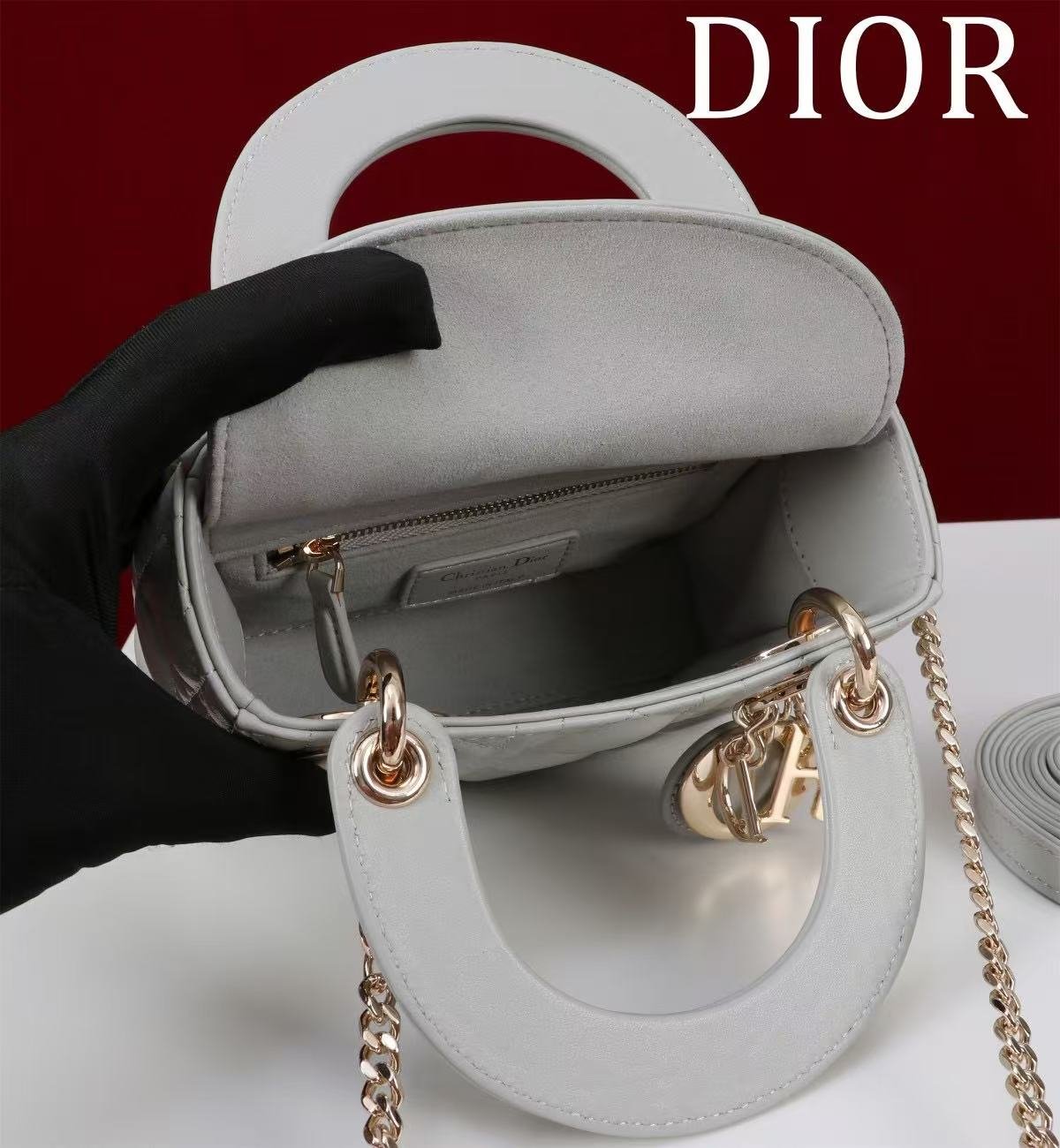 Dior Lady Series Light Grey Lambskin Quilted Handbag - Image 4