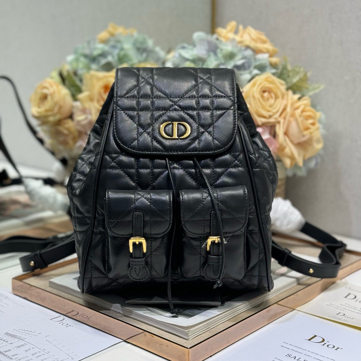 Dior Caro Medium Backpack Black Sheepskin