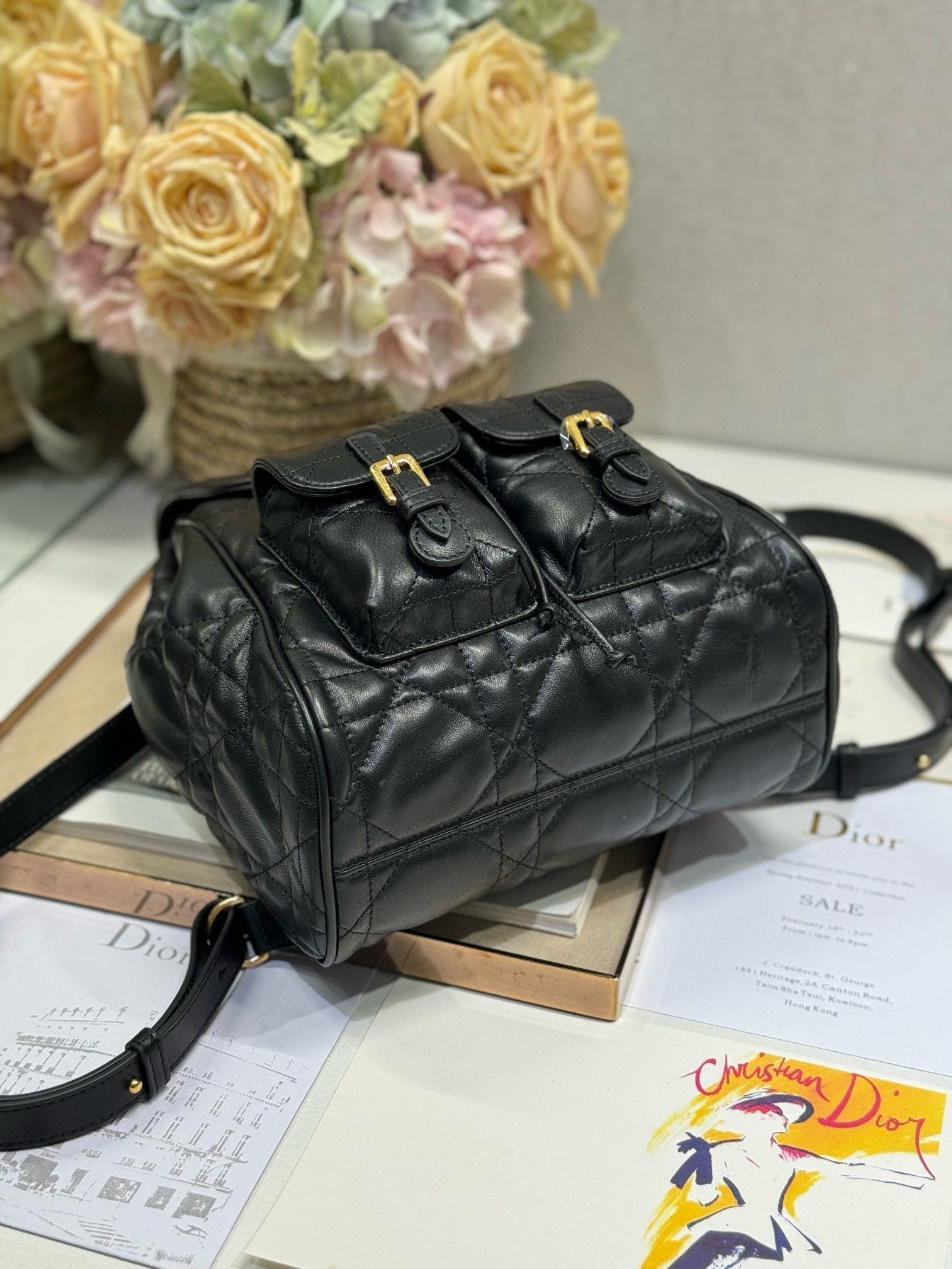 Dior Caro Medium Backpack Black Sheepskin - Image 3