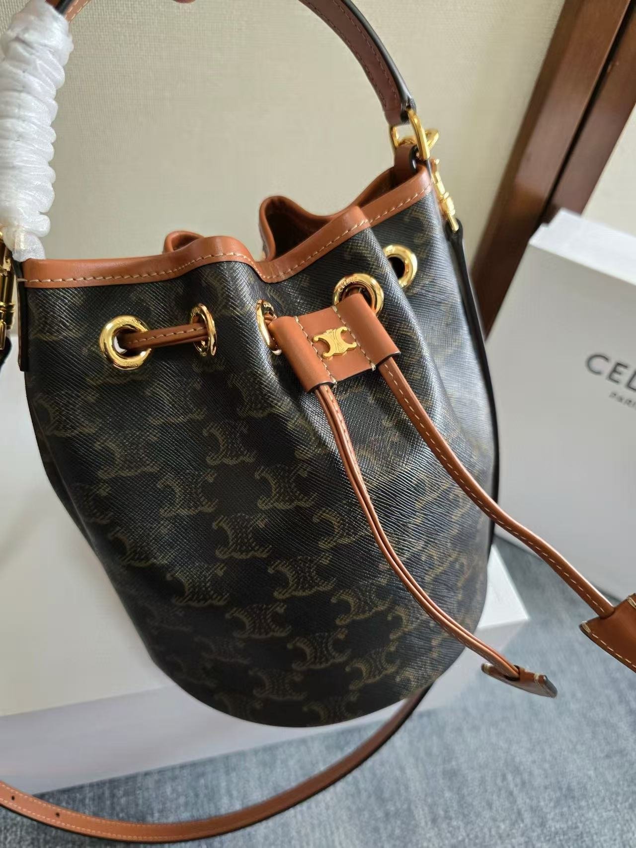 Celine Clara Canvas Calfskin Bucket Bag - Image 8