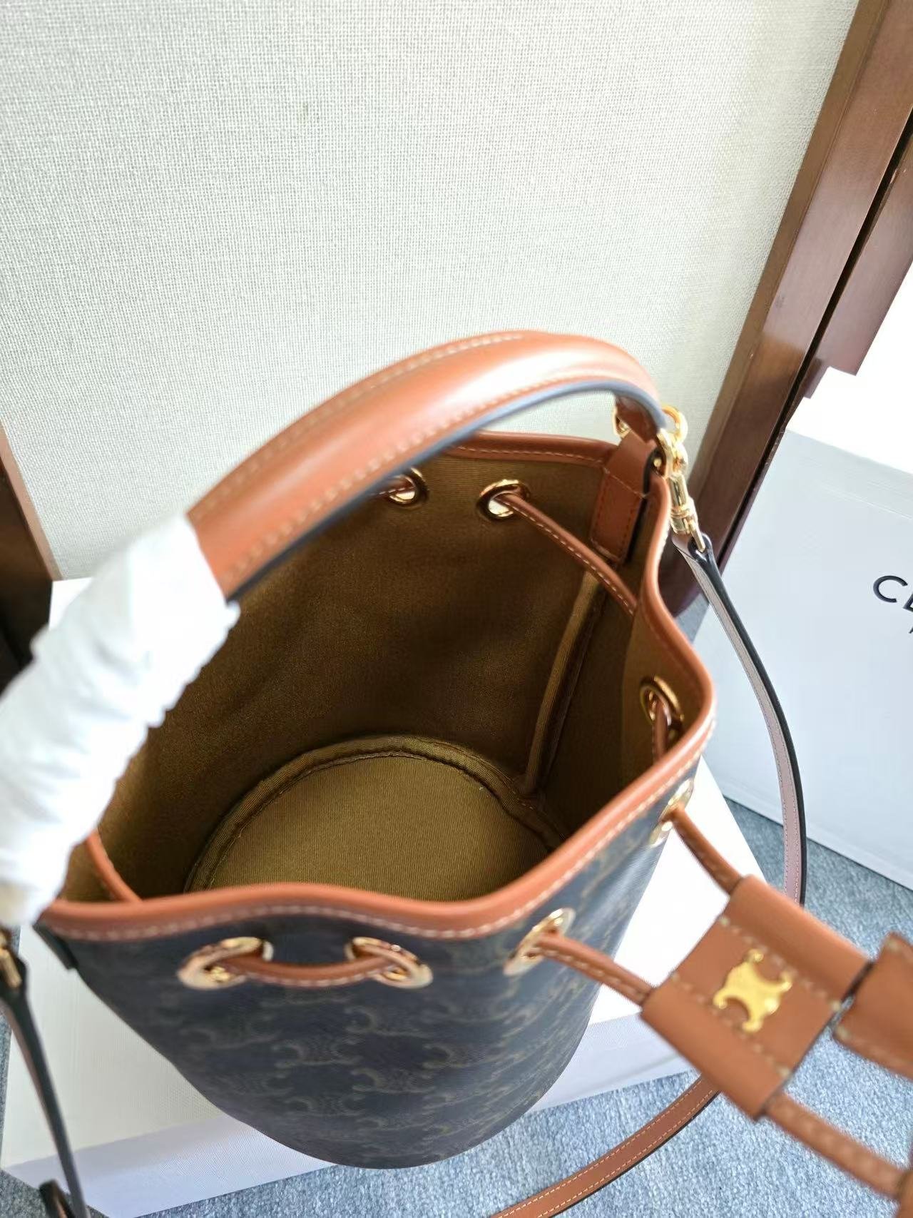 Celine Clara Canvas Calfskin Bucket Bag - Image 7