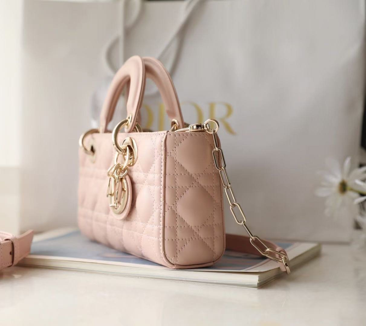 Dior Lady D-Joy Bag in Powder Pink Lambskin - Image 3