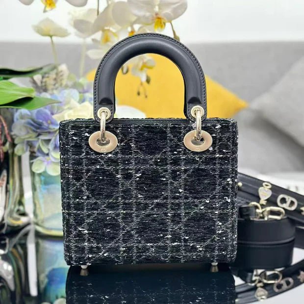 Dior Lady Dior Black Gold Bag Tweed Leather