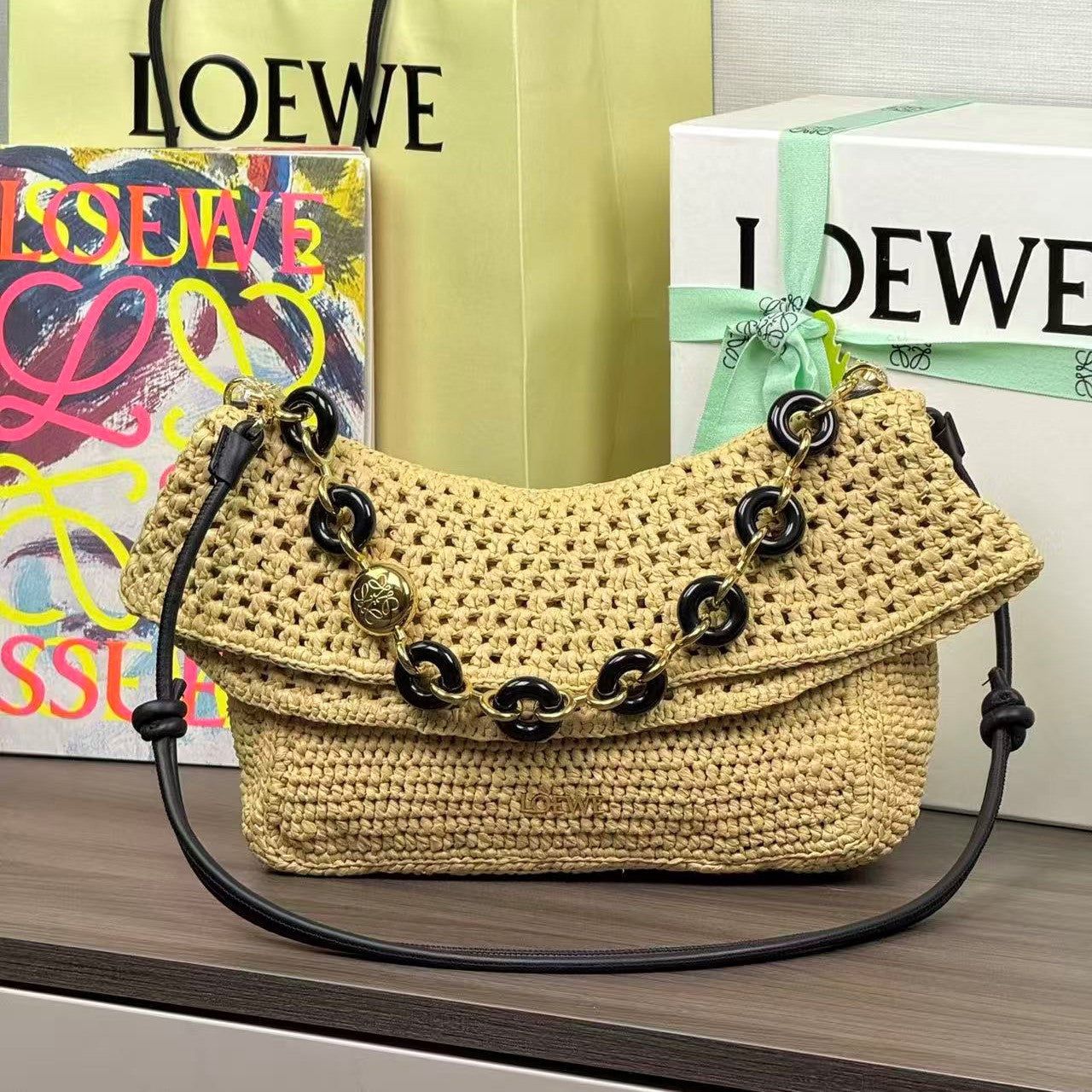 Loewe Ibiza Ola Medium Bag Beige Raffia 26cm