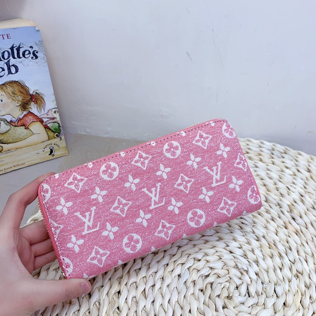 LV Pink Leather Denim Zip Wallet - Image 3