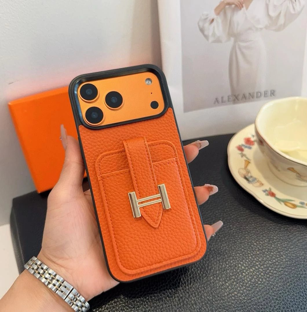 Alternative view of Herm??s iPhone 17 Pro Max Case ?C Orange Leather Card Holder Luxury Designer Cover