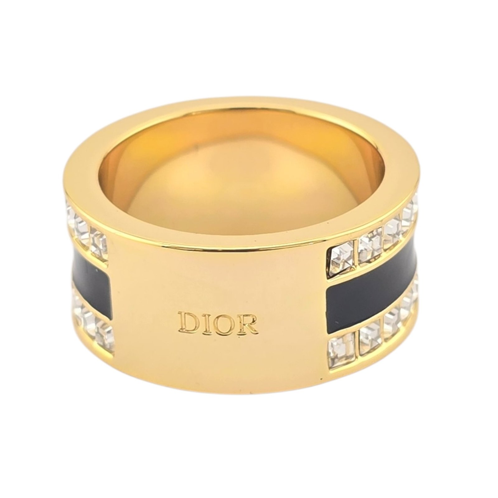 Dior Gold Black Enamel Square Crystal Ring - Image 6
