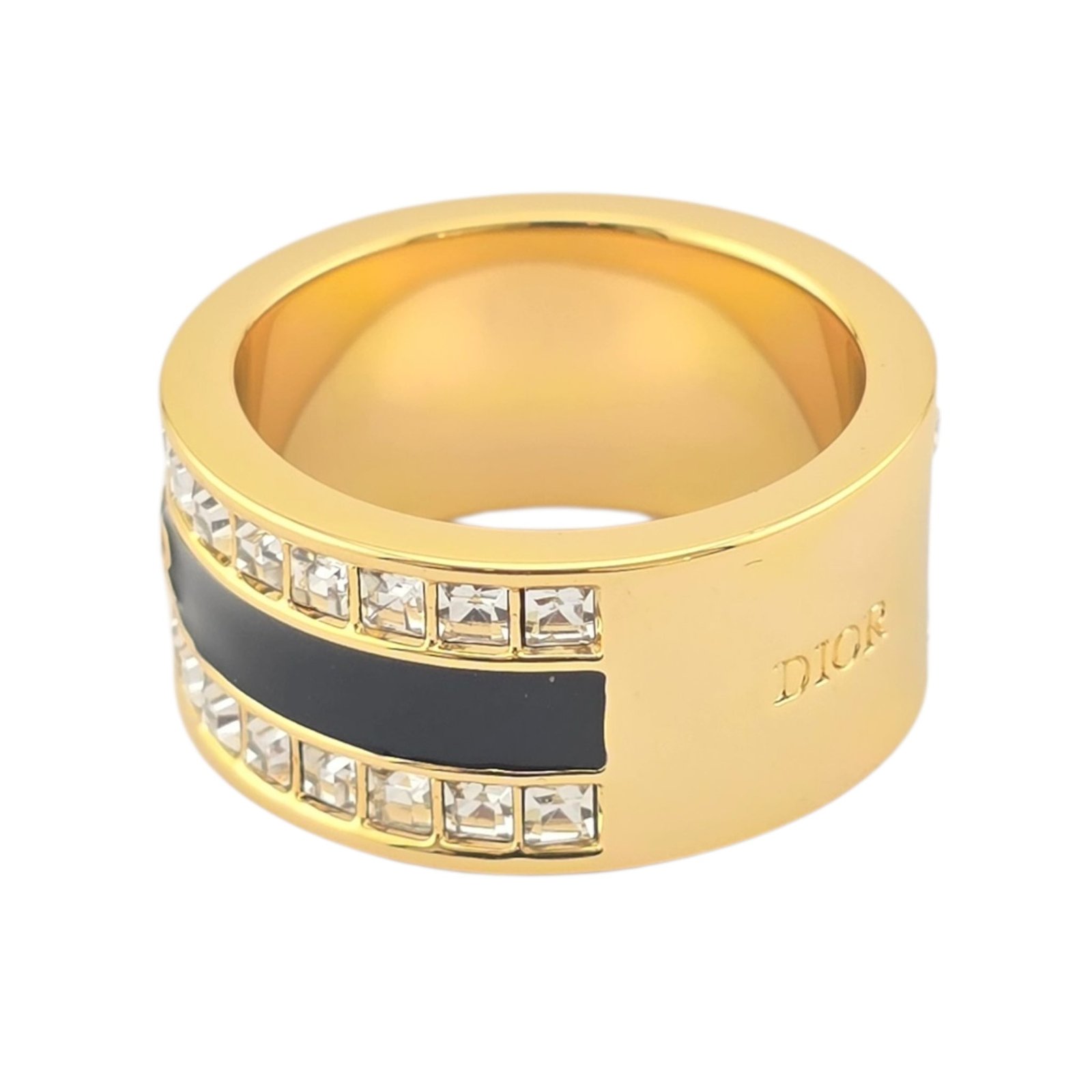 Dior Gold Black Enamel Square Crystal Ring - Image 7