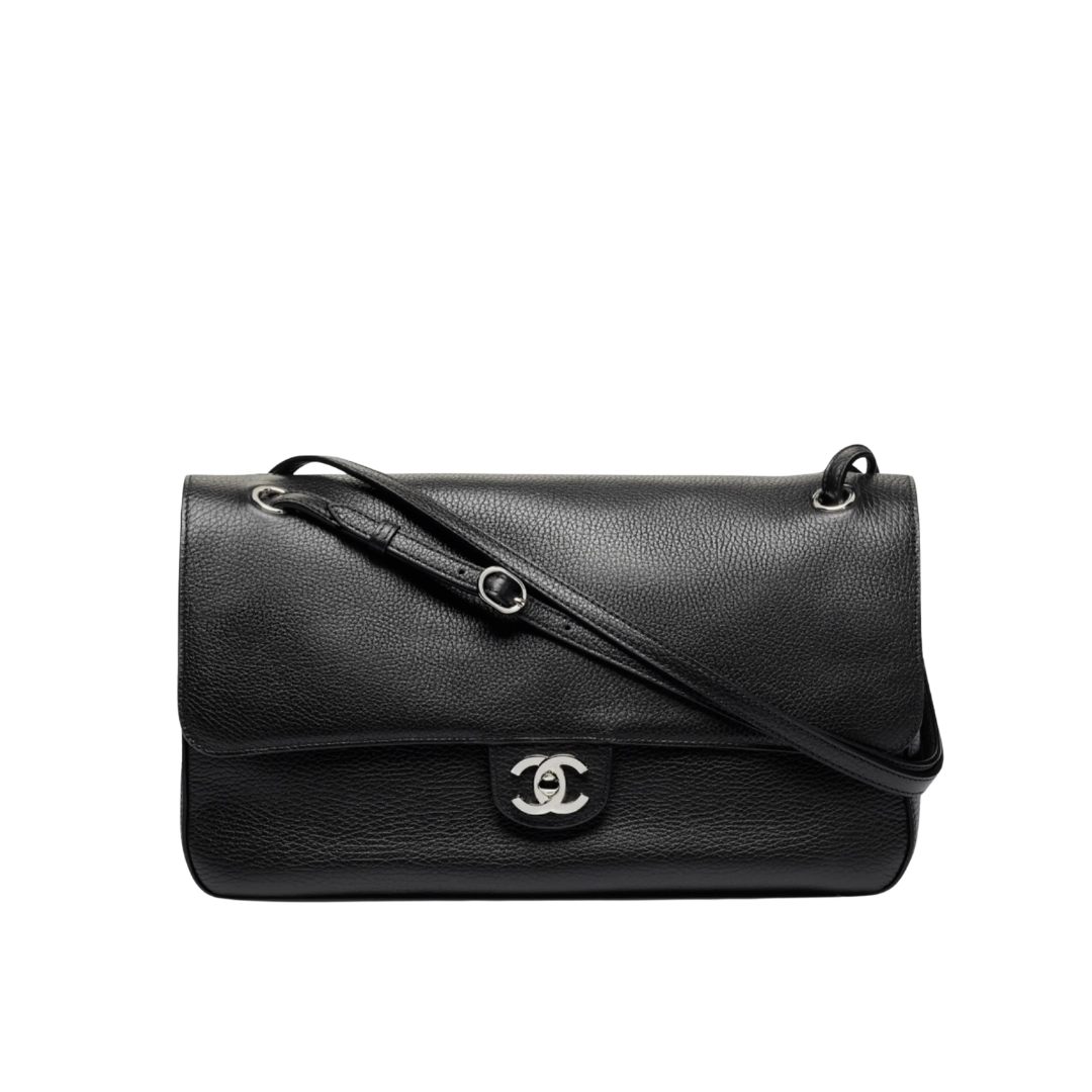 Chanel Maxi Flap Bag Grained Leather Silver-Tone Metal Black