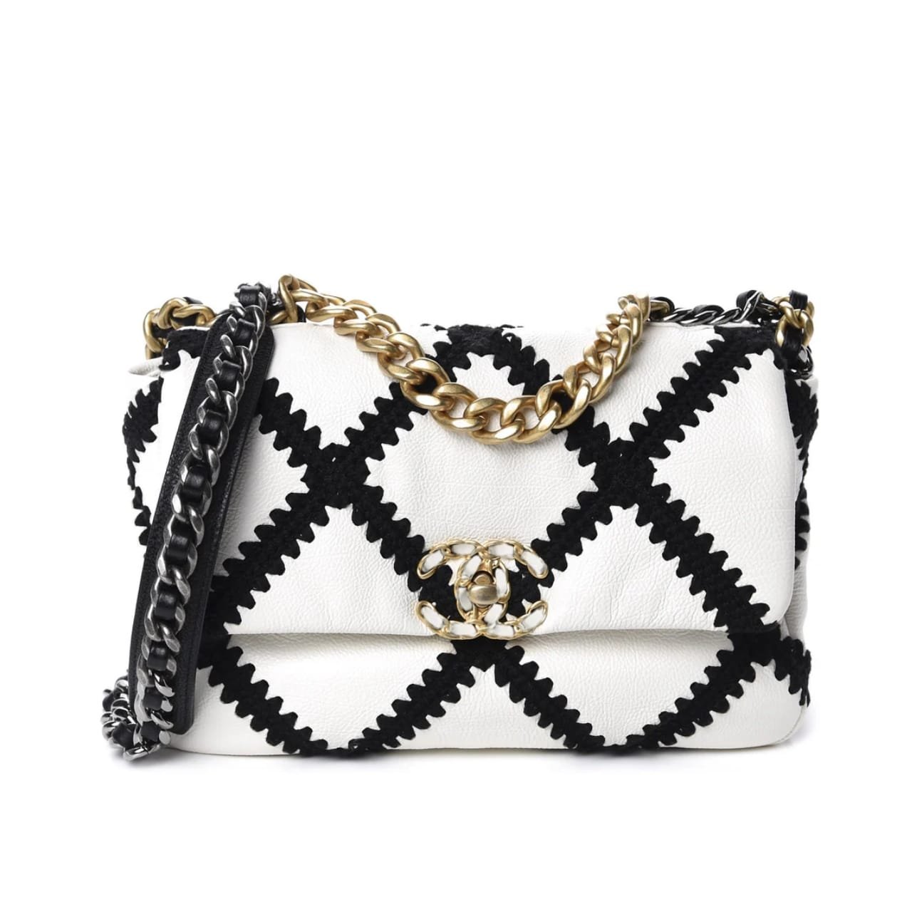 Chanel 19 Flap Bag Crochet Gold And Silver Tone White Black 24Cm AS1160 B04824 C0200