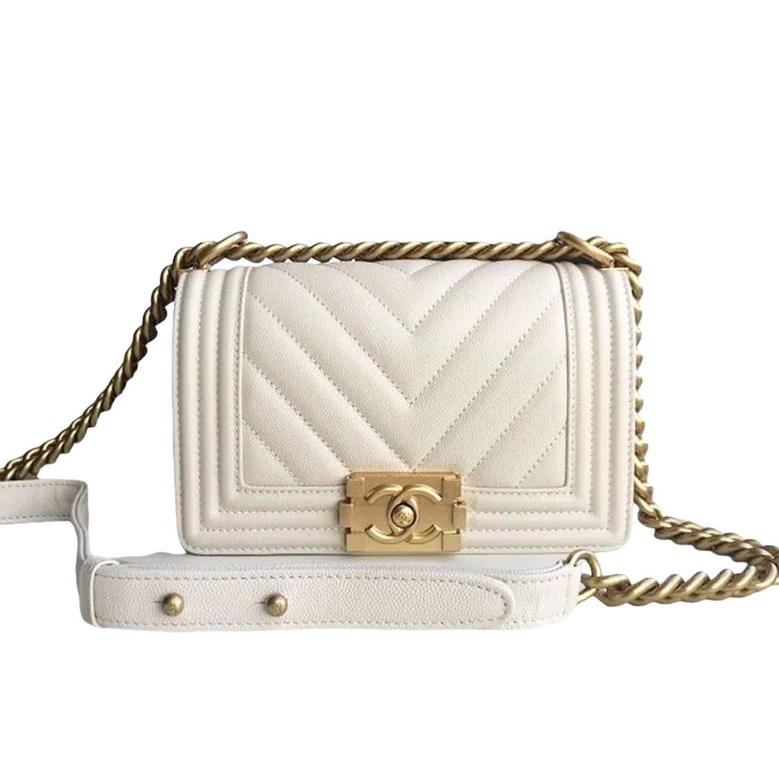 Chanel Boy Chevron Leather Handbag (White Gold)