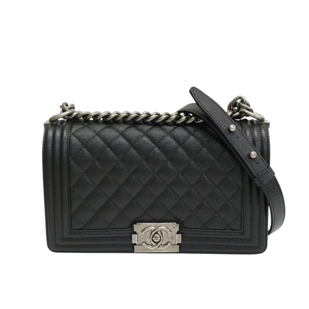 Chanel Boy Grained Leather Handbag (Black Silver)
