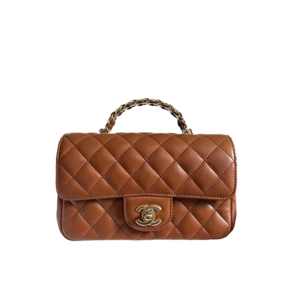 Chanel Classic Flap Bag With Top Handle Quilted Brown Gold Hardware 21Cm