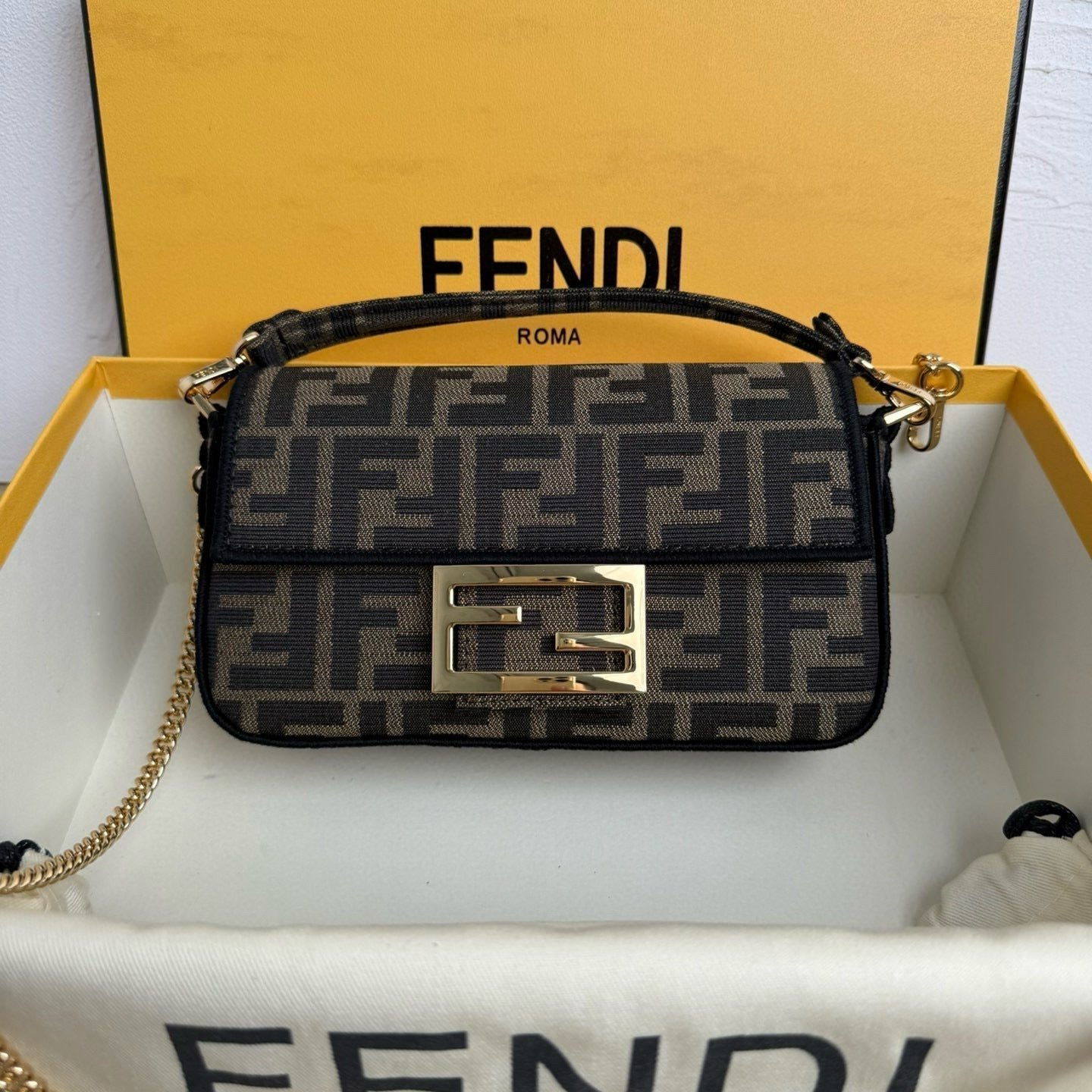 Fendi Baguette Mini Brown Jacquard Fabric