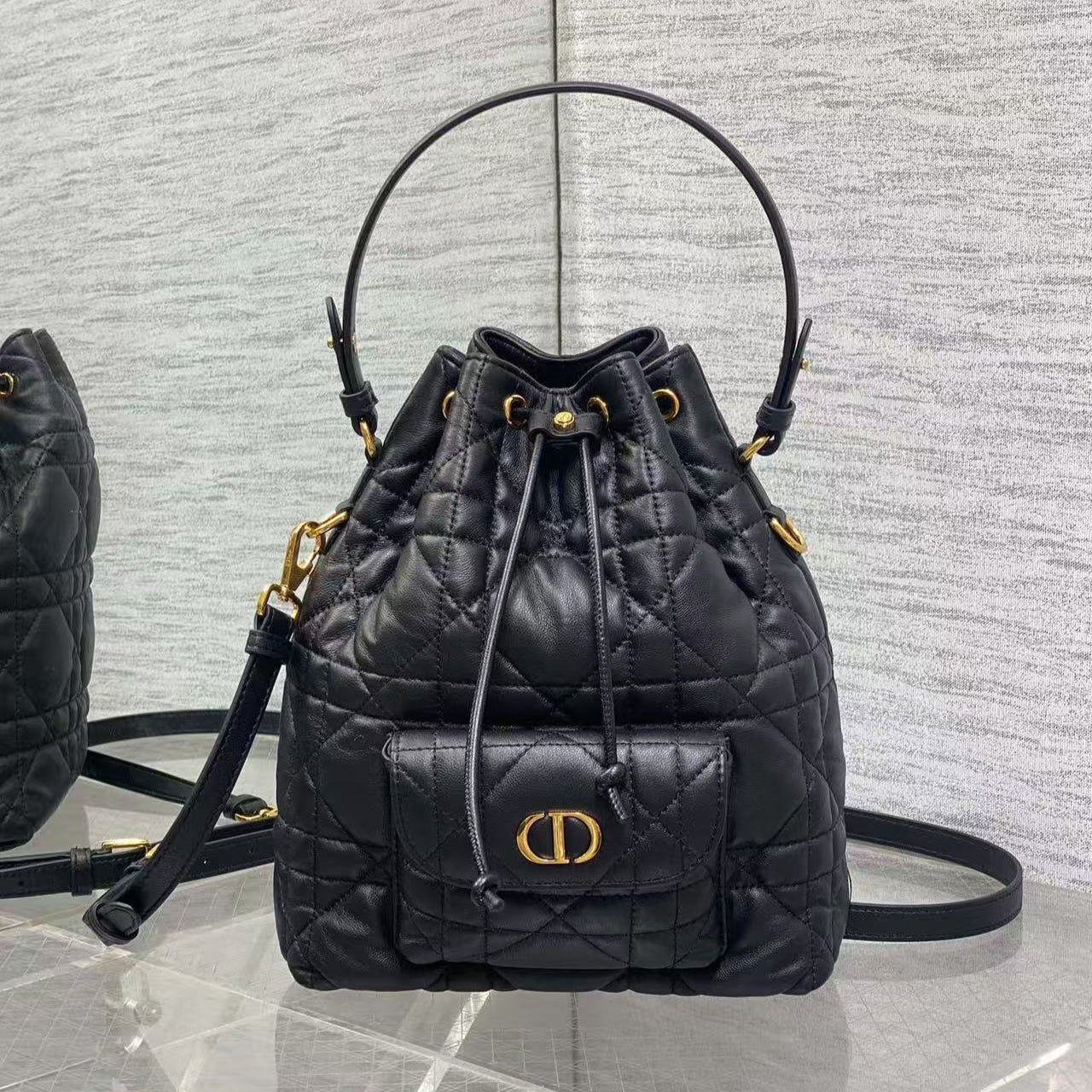 Dior Caro Macrocannage Drawstring Bucket Bag