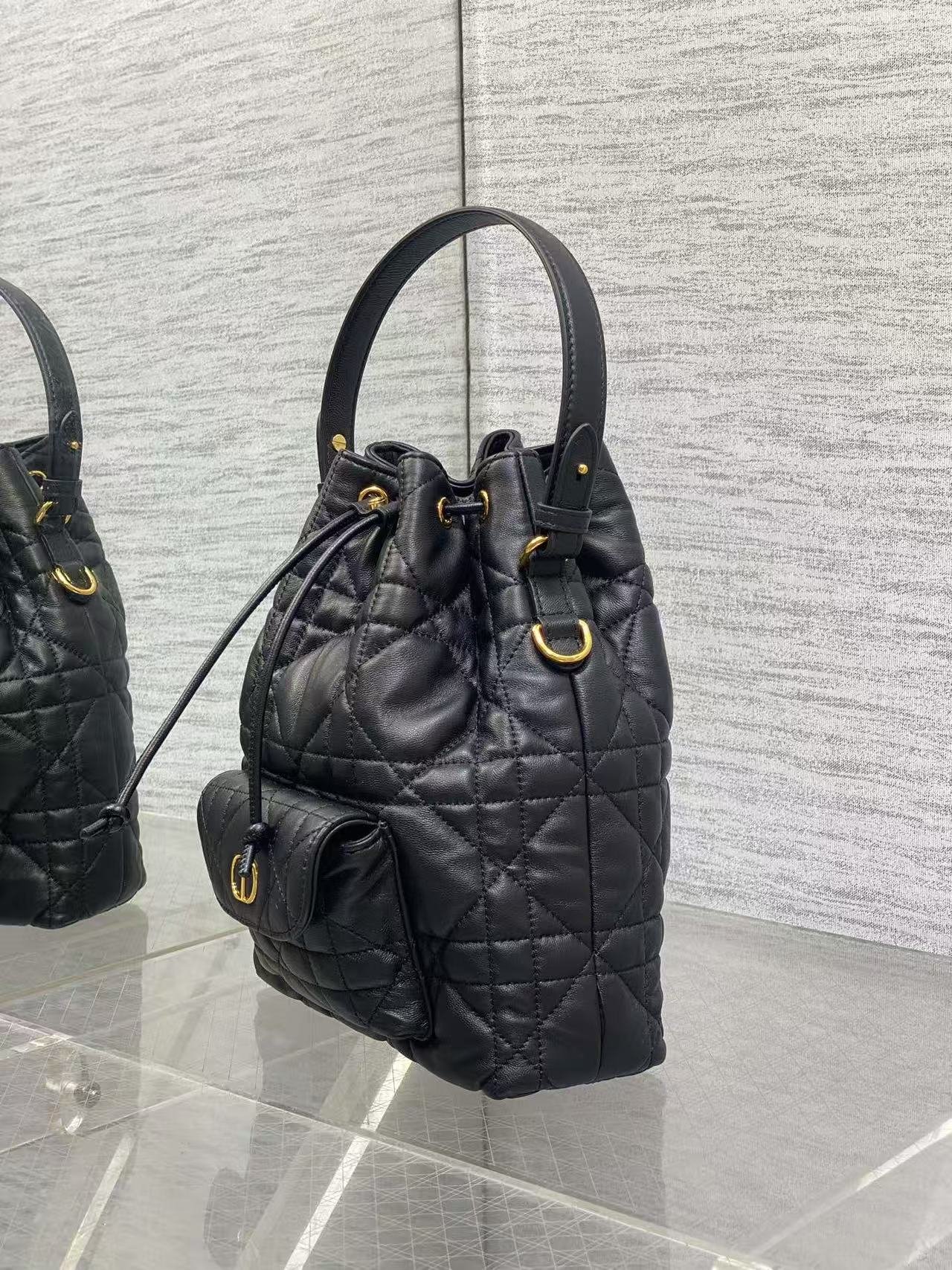 Alternative view of Dior Caro Series Black Lambskin Drawstring Bucket Bag