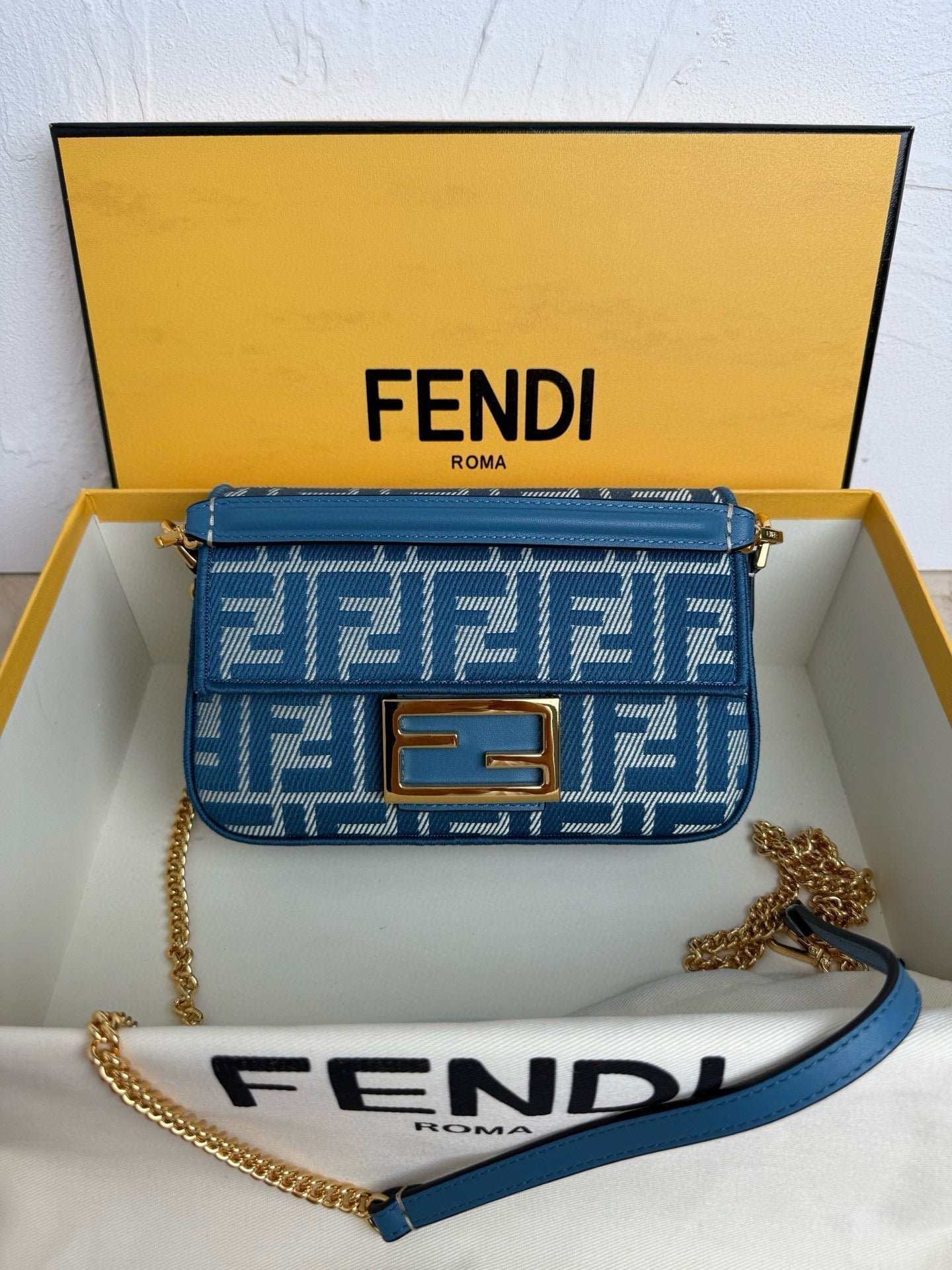 Fendi Baguette 19 Blue Denim Leather Motif