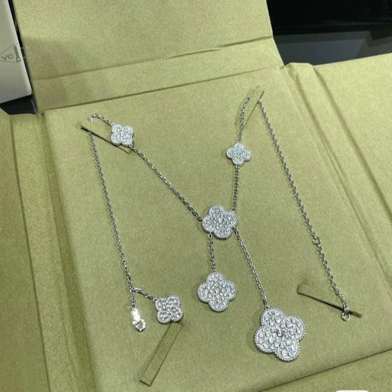 VCA 6 Motifs Full Diamond Clover Silver Necklace